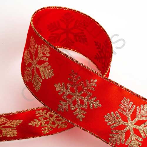 6612-XMAS - Red With Gold Glitter Snowflake - Satin Wired Edge Ribbon